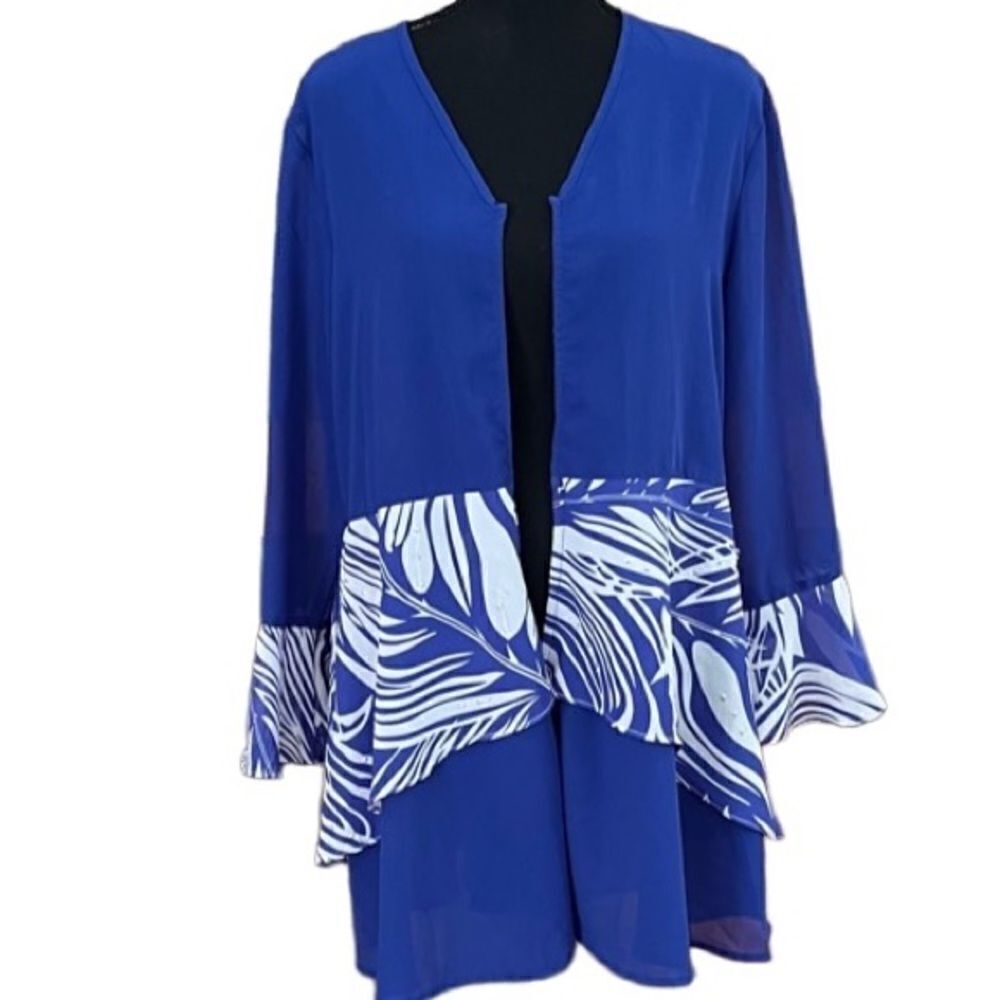 EY Boutique royal blue/white semi sheer open front tunic, ruffled sleeves sz XL